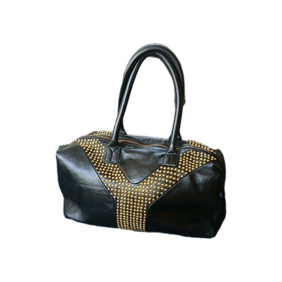 Yves Saint Laurent Y Studs Black Leather Satchel Tote Bag Gold Studded Vintage - Picture 1 of 10
